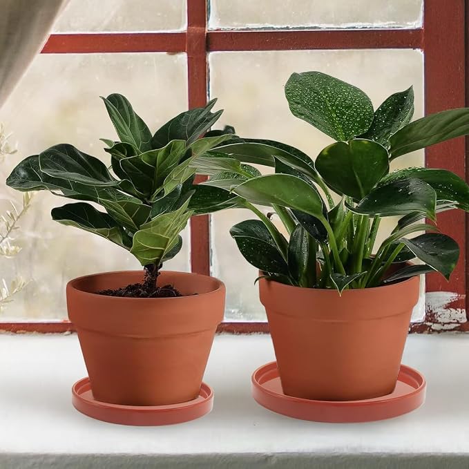 Yukfona Ceramic Plant Saucer Tray 2 Pcs 6.4 Inch Red Terracotta, 6.4"OD x6.02"ID x0.9"Deep| Fits flower pots Bottom≤ 6", Heavy Duty Glazed Round Planter Drip with Catch Basin for Indoor Outdoor Plants