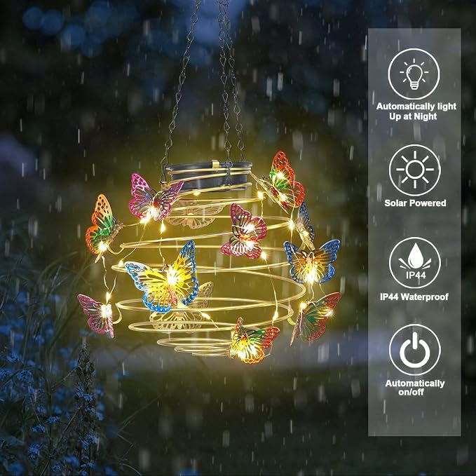 2 Pack Butterfly Solar Lights Outdoor Hanging Lantern with Handle, Solar Powered Butterflies Garden Decor for Outside Patio Yard Porch Pathway Butterfly Gifts for Women (Warm White LED Lights)
