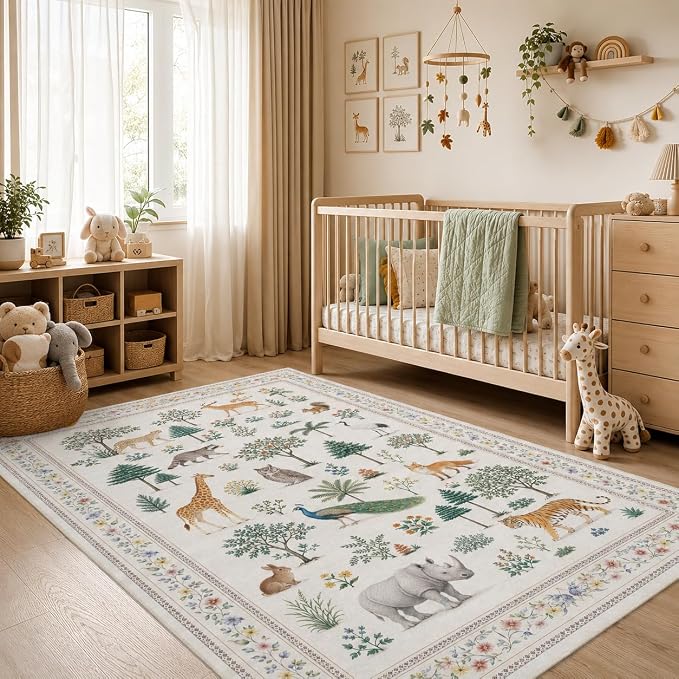 Area Rug 5x7 Jungle Animal Print Rug Wild Zoo Animals Forest Rugs for Living Room Machine Washable Non-Slip Printed Low Pile Indoor Carpet for Kids Room Nursery Bedroom Playroom,Beige