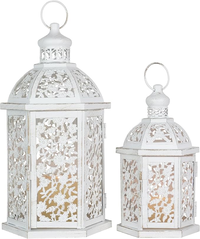Lanterns Decorative Outdoor&Indoor, Set of 2 (15"&7") White Metal Lantern Decor, Candle Holder for Porch, Patio, Christmas, Balcony, Wedding, Table Centerpiece