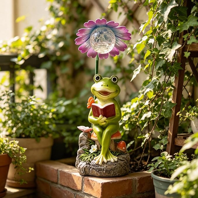 COWOS Solar-Powered Frog Garden Statue with Glowing Flower Light, Miniature Resin Figurine for Outdoor Patio, Yard, Lawn Decor