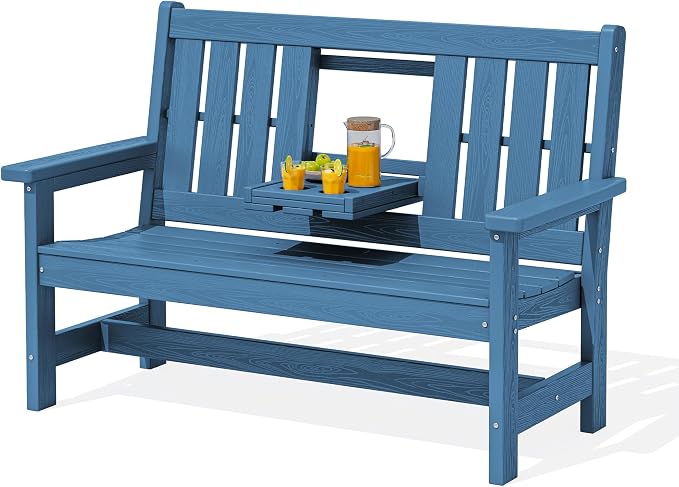 SERWALL HDPE Outdoor Bench with Cup Holder Oversized 58" Porch Bench, Navy | Suitable for 3 Person, Heavy-duty, High Backrest, Weatherproof Material Patio Benches for Garden, Park, Yard, Front Porch