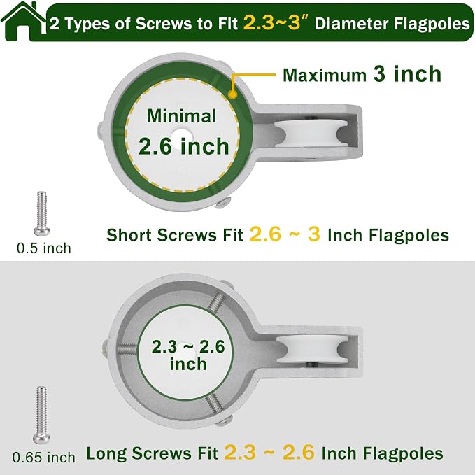 Flag Pole Pulley and Rope kit for 2.3" to 3" Diameter Flag Poles, 50FT Rope, 4" Flag Pole Topper, Cast Aluminum Flag Pole Truck, Metal Snap Clips and Cleat (Silver)