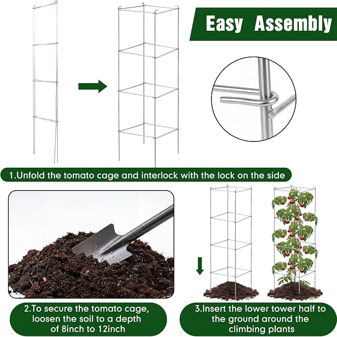 Hicarer 16 Pack Square Tomato Cage Heavy Duty Tomato Cages for Garden Vegetable Plant Trellis Stakes Plant Support Stake Tower for Climbing Vegetables Plants Flowers Fruit (11.5 x 46 Inches,Silver)