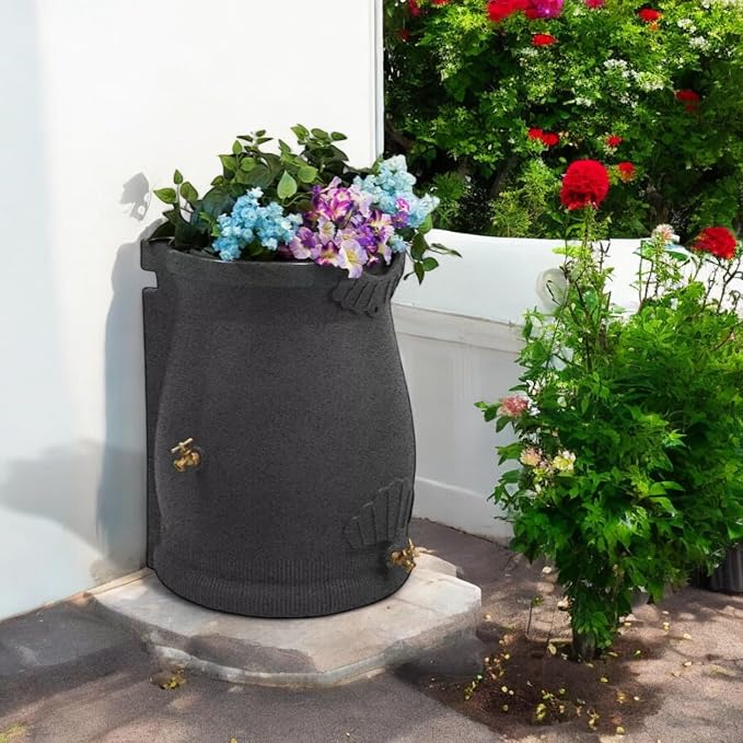 Rain Wizard Decorative Urn Rain Barrel, Durable polyethylene Resin, with Brass Spigot, Flat-Back Design,Perfect for Gardening Any Home (Dark Granite, 50 Gallon)