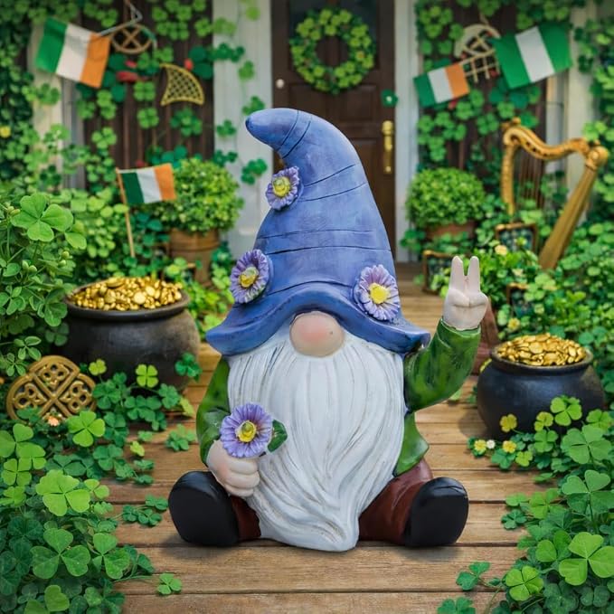 Blue Peace Yard Gnomes - Solar Statue, 11 Inch | Charges all day and lights itself after dark, no wires and no outlet to find. Hand-painted resin, built to live outside.