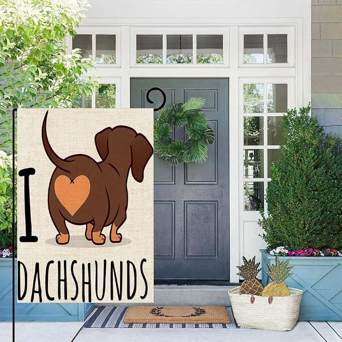 EMMTEEY Dachshund Art Garden Flag Double Sided Burlap Decoration 12.5x18 for Yard Outdoor Decor Garden Flag cute Dachshund Dog Cartoon Isolated on White Love Chocolate and Tan Wiener Sausage Rear