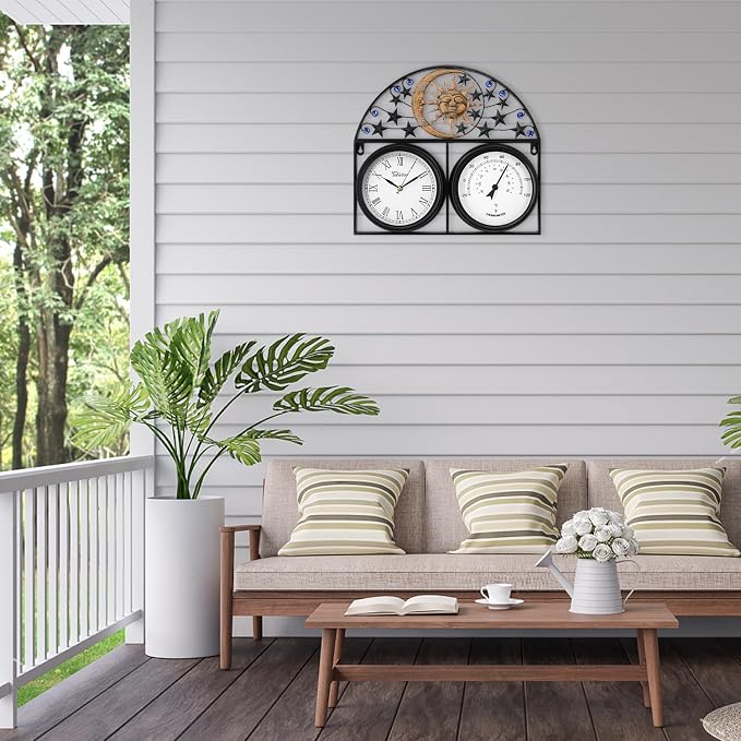 17Inch Large Outdoor Clock,Waterproof Wall Clock with Thermometer,Weatherproof Non-Ticking Quartz Battery Operated Decor Clock for Patio,Garden,Pool,Porch,House Warming Gifts