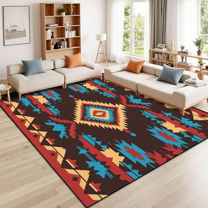 9x12 Area Rugs for Living Room Native American Southwest Aztec Navajo Seamless Pattern Tribal Washable Large Area Rug for Bedroom Non Slip Outdoor Carpets Soft Mats Kitchen Home Office Decor