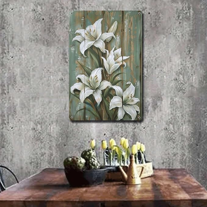 Metal Sign Tin Sign Vintage Wall Art Shabby Chic Lily Tin Sign for Vintage Botanical Decor Rustic Elegance and Distressed Wood Panels Tin Signs for Women for Room 6×8 Inches