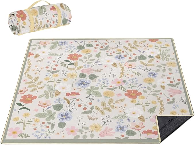 Picnic Blankets Waterproof Foldable Extra Large,80"x 80" Outdoor Beach Blanket Sandproof,3-Layer Lightweight Handy Mat Tote Picnic Camping Rugs for Outside Your Rv (Boho Strawberry Floral)