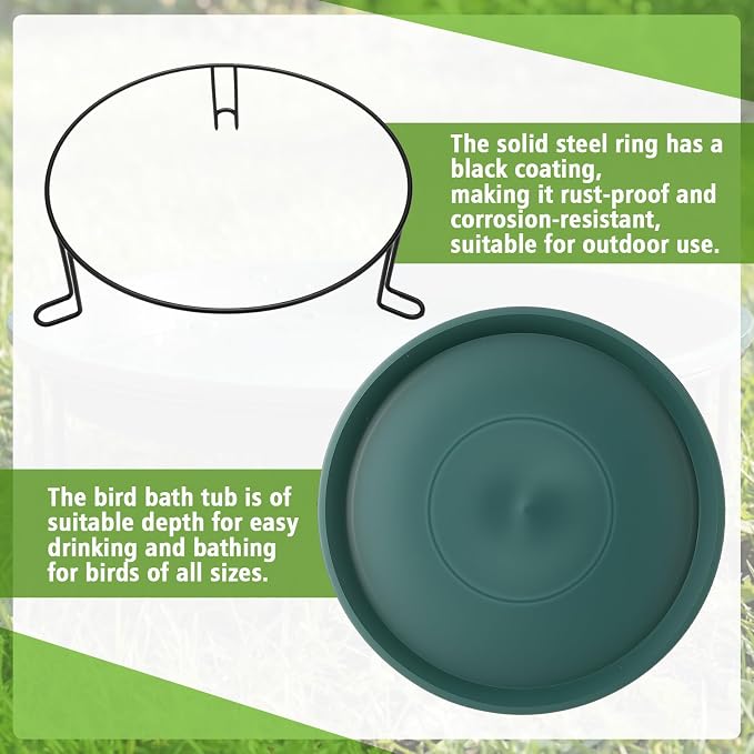 14.37'' Ground Bird Bath for Outside Large Bird Bath Bowl for Patio Garden or Deck Floor Standing Black Steel Wire Stand with Dish Outdoor Feeder Water(Green)