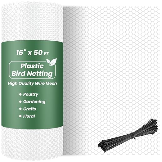 Toolterritary 16IN x 50FT Plastic Chicken Wire Mesh, Chicken Wire for Floral Arrangements, Chicken Wire Mesh for Crafts with 100 Pcs Zip Ties, Mesh Fence for Dogs, Deers, Poultry