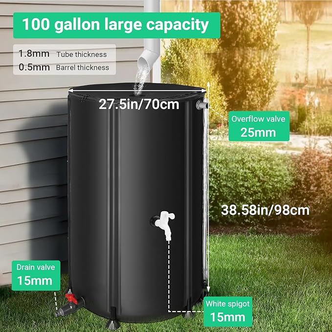 FAMIROSA 100 Gallon / 378L Collapsible Rain Barrel, Foldable PVC Rain Barrels to Collect Rainwater from Gutter, Portable Water Storage Tank Container with Spigot, Water Catcher Collector Black