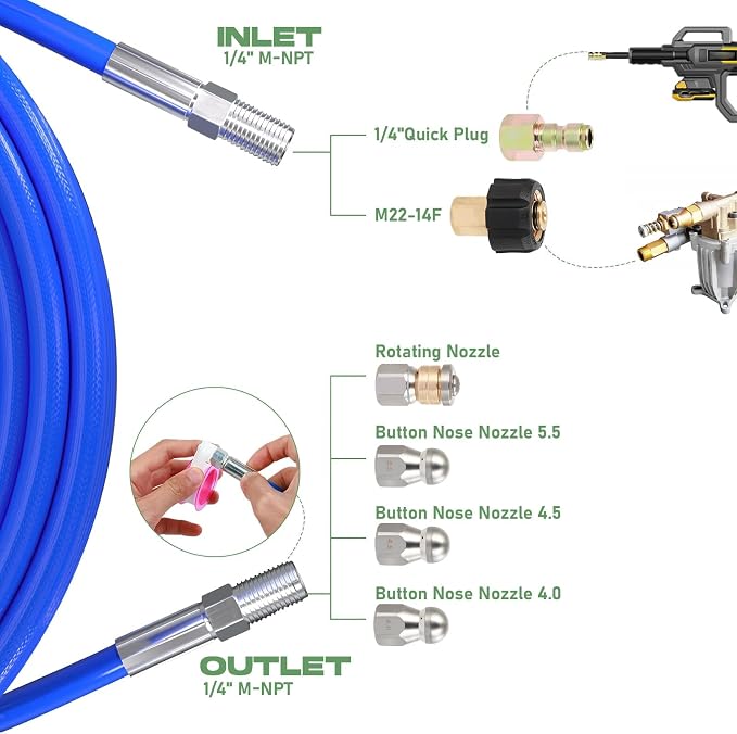 Sewer Jetter Kit for Pressure Washer 50FT, 5800 PSI Water Jet Drain Cleaner Hose 1/4 Inch NPT Corner, Rotating and Button Sewer Jetting Nozzles, Waterproof Tape, Spanners, and Pearl Corsage Pin
