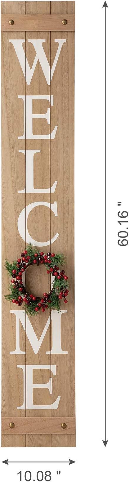 Glitzhome 60”H Welcome Sign with 4 Interchangeable Floral Wreaths for Front Door Porch Farmhouse Wooden Hanging Wall Sign for Seasons Spring Fall Harvest Thanksgiving Christmas