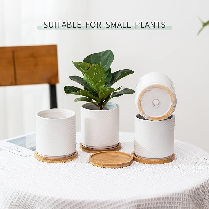 4” Ceramic Planter Pots with Drainage Hole&Saucer Set of 4 | Geometry Design Succulent Plant Flower Pot for Indoor & Outdoor Snake Plant Succulent Cactus & Herbs (Plants Not Included )