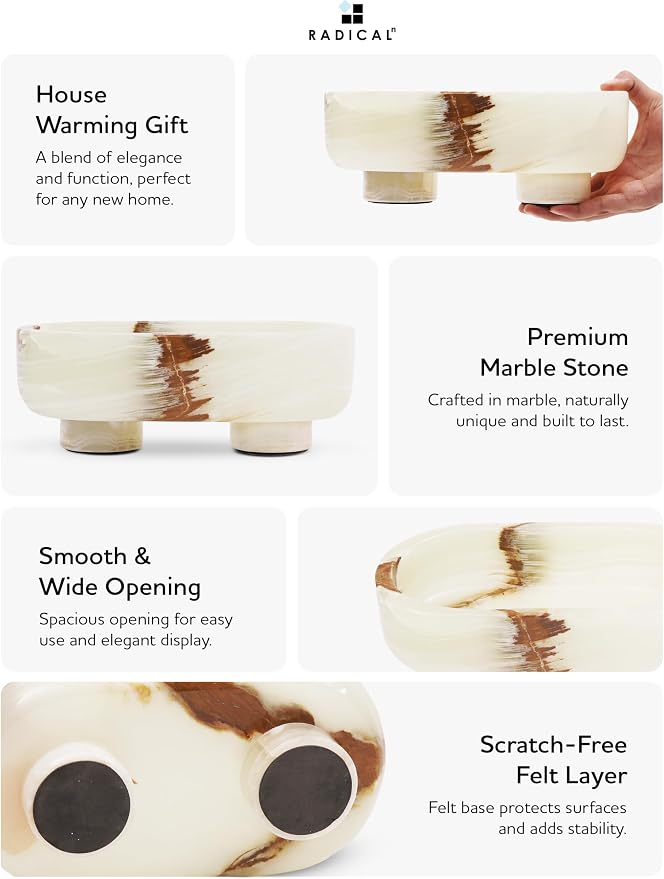 Radicaln Marble Oval Bowl With Stand 10" Inches White Onyx Handmade Fruit Bowl For Kitchen Counter, Ideal Serving Bowl, Candy and Candle Dish & Banana Holder For Kitchen Table