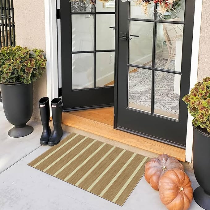 Indoor Front Door Mat, 2x3 Cottage Tan Beige Striped Front Door Rug | Non-Slip Washable Doormat Indoor Outdoor Entrance Small Rugs for Entryway Bedroom Kitchen Mat for Floor Front Porch Decor