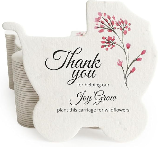 24pcs Pink Carriage-Shaped Gift Tags with Wildflower Seeds - Writable Gift Wrap Tags for Baby Showers, Mother's Day Present, Party Favors, DIY Crafts, & Earth Day Decorations