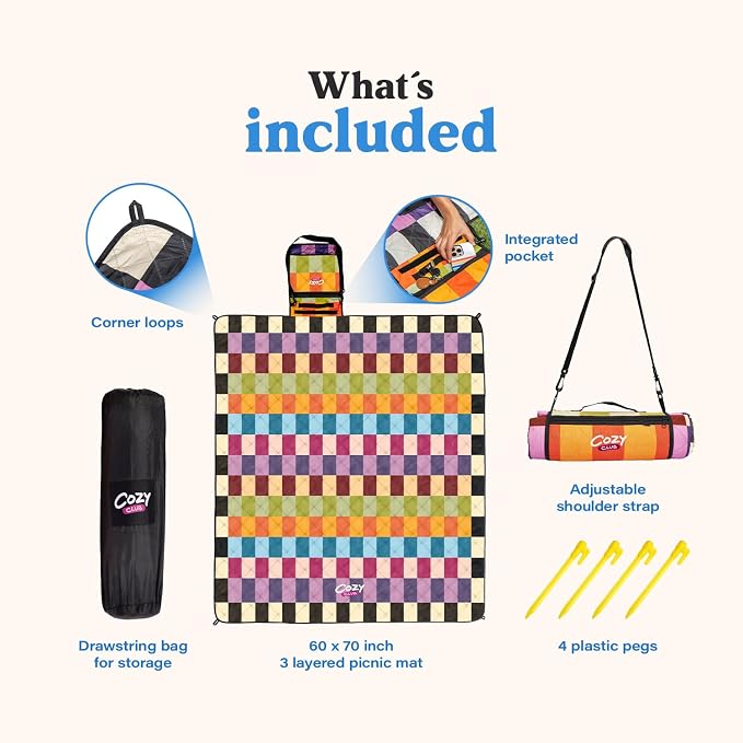 Cozy Club Waterproof Picnic Blanket – Foldable Outdoor Mat 60x70 with Stakes, Pocket & Shoulder Strap | Sandproof Beach Blanket for Festivals, Camping & Travel | Self-Packing | Multicolor | US Brand