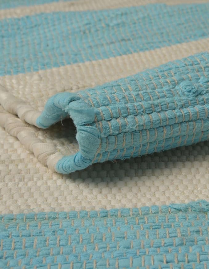 Unique Loom Chindi Rag Collection Area Rug - Striped (5' 1" x 8' Rectangle, Turquoise and Ivory)
