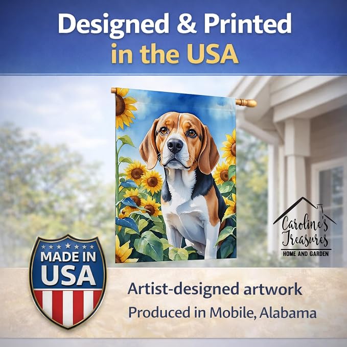 Caroline's Treasures DAC6019CHF Beagle in Sunflowers House Flag Large Porch Sleeve Pole Decorative Outside Yard Banner Artwork Wall Hanging, Polyester, House Size, Multicolor