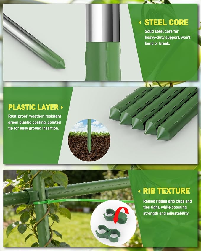 10 Pack 8FT Garden Stakes with Clips & Ties, 0.78" Steel Core Plastic Covered Plant Support Stakes for Tomatoes, Vegetables & Climbing Plants