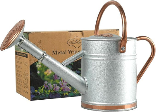 1 Gallon Metal Watering Can with Real Copper Details, Fine-Grid Galvalume Body, Removable Watering Rose for Indoor Plants, Patio and Greenhouse