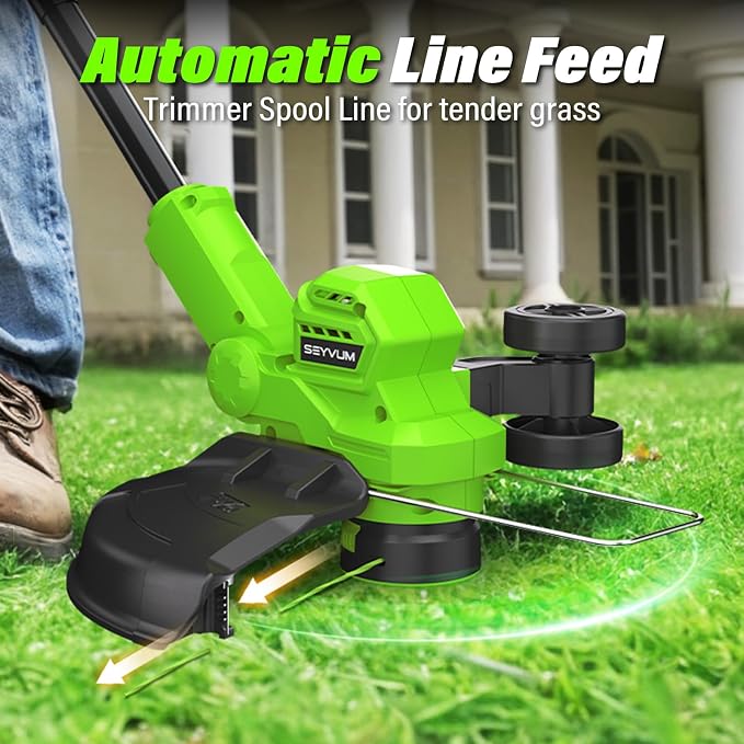 SEYVUM String Trimmer, 20V 12-inch Cordless Weed Trimmer with Auto Line Feed, 2 X 2.0Ah Battery Powered Lawn Edger with 5 Pcs Spool Line & 8 Pcs Plastic Blades, Fast Charger Included, Green
