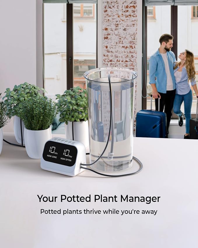 Automatic Watering System for Potted Plants, Plant Waterer, DIY Drip Irrigation Kit with Smart Timer, Waterproof LED Display & Large Capacity Battery, Precise Distribution of Water (White)