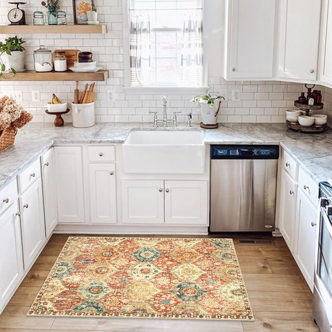 Lahome Kitchen Rugs Non Slip Washable Rugs for Entryway, 2x4 Rug Non-Slip | Moroccan Trellis Ultra-Thin Indoor Door Mat Small Carpet for Bathroom Bedroom Entry Elise, Red/Orange