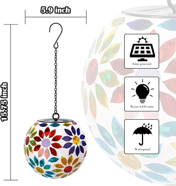 Mosaic Solar Lantern Outdoor Waterproof Glass Hanging Solar Lights, Multi | Solar Hanging Lantern IP44 Waterproof Mosaic Gazing Ball with White LED Lights, Metal Hanging Chain, Outdoor Pathway Decor