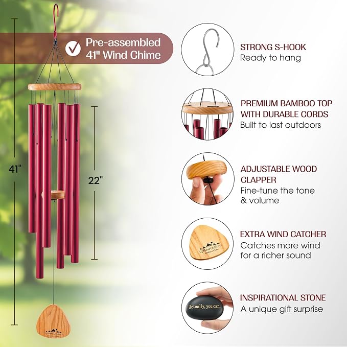 Red Wind Chimes for Outside Deep Tone, 41 Inch Hand Tuned B Major Pentatonic Alto Wind Chime with Decorative Kindness Stone, Outdoor Garden Patio Porch Decor, Meaningful Sympathy Memorial Gift