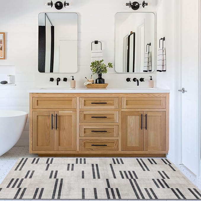 Machine Washable Area Rug Runner - Living Room Bedroom Bathroom Kitchen Entryway Office -Non-Slip Baking Low Pile Stain Resistant Premium - Modern Geometric Loki-Beige & Black 2'6" x 6'
