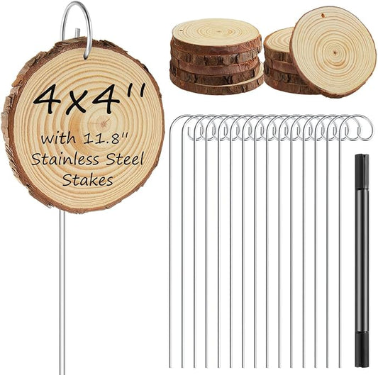 Hicarer 15 Set 4 Inch Large Wooden Plant Labels, 15 Pcs Garden Stakes(11.8 Inch Tall) &1 Marker Pen, Garden Markers Tags Sign for Flowers Herbs Seed Vegetable, Hint: a Firm Push for Ideal Hang