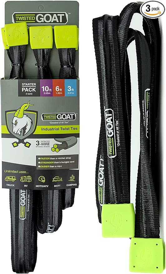 Twisted Goat Industrial Twist Ties - Heavy Duty Reusable, Flexible Ties for Securing Cargo, Hanging Hammocks, Organizing Camping Gear, and More! Starter Pack (3-FT, 6-FT, 10-FT)