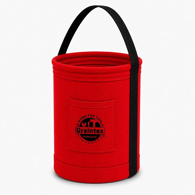 Graintex Canvas Utility Bucket 9.5"x14", Round Tool Bucket, Reinforced Base & Carry Handle, Ripstop Canvas, Ideal Multi-Purpose Bag for Jobsite, Gardening, Home Use, Tool Storage (Red)