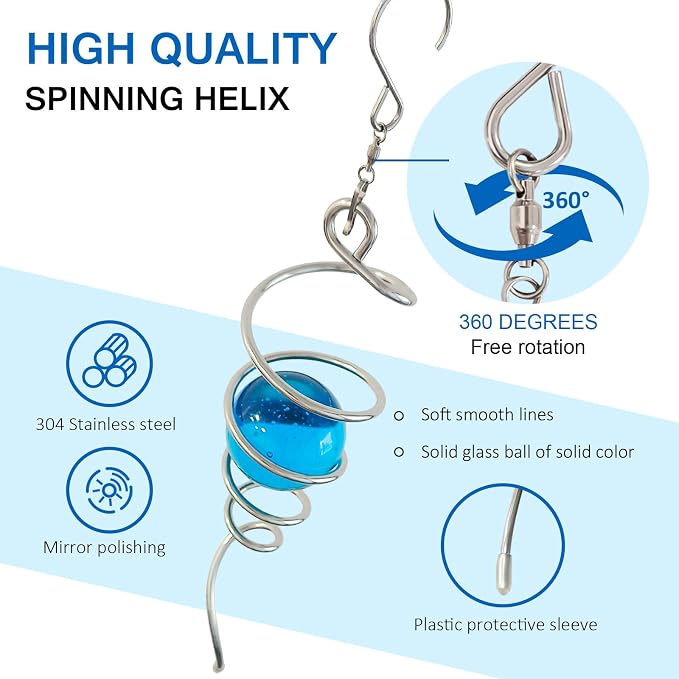 Gazing Ball Spiral Tail with Blue Glass Orb,Wind Spinner Tail Hanging Rotating Art Decor,Wind Spinners Stabilizer Sun Catcher,Wind Spinner Spiral Indoor Outdoor Garden Decoration-13in