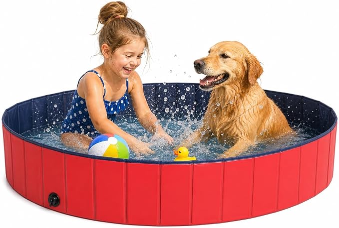 lionto Foldable Dog Pool Made of Scratch-Resistant PVC Material, Ø 31,5 in, Height 7,9 in, Anti-Slip Coating & Drain Plug for Quick Emptying, no Pump Required, Robust Children's Pool, Blue/red