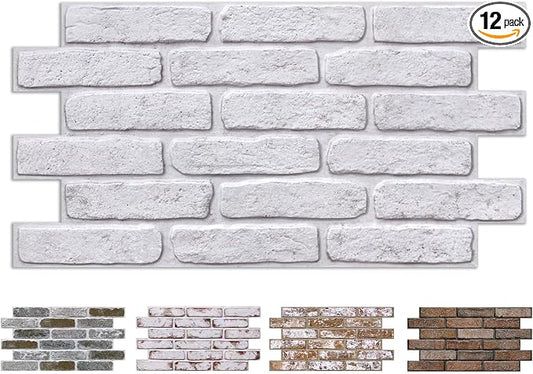 COMSTICKC 3D Faux Brick Wall Panel Peel and Stick Wall Covering, White with Gray Spots, 12 Pcs of 22.8" x 11.8", UrltraLight PVC 3D Brick Wall Stickers Decorative Tiles for Indoor Deocr, 22.48 sq.ft