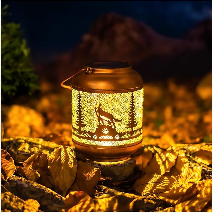Wolf Solar Lanterns Outdoor Waterproof Hanging Solar Lights Wolf Gifts for Men/Women/Wolf Lovers Gifts Metal Decorative LED Wolf Lanterns for Garden Decor,Patio,Lawn,Pathway,Yard