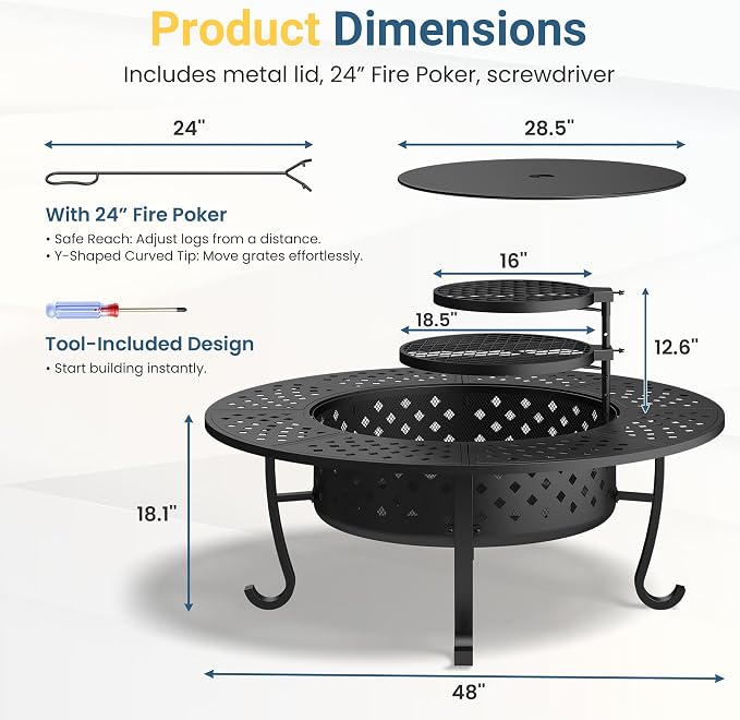 Wisteria Lane 3 in 1 48" Extra Large Fire Pit for Outside Wood Burning with 2 Adjustable Grills, Outdoor Fireplace with Lid and Fire Poker, BBQ & Bonfire & Round Metal Table for Patio, Backyard