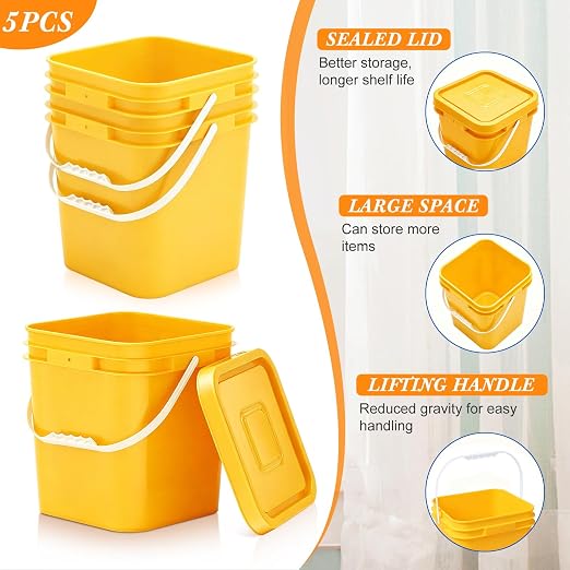 Mumufy 5 Pcs 3.5 Gallon Square Food Grade Bucket with Lid Square Bucket Pail Plastic Handles for Long Term Food Storage, Camping, Fishing, Home Organization Easy Stack and Store (Yellow)