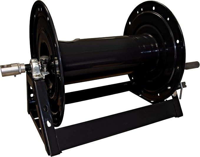 General Pump DHRA50450 3/8" x 450' Black Steel Hose Reel with Flat Sidewalls, A-frame, Pin Lock and Brake and Stainless Steel Swivel Inlet, 5000 Psi (450 Feet Capacity)