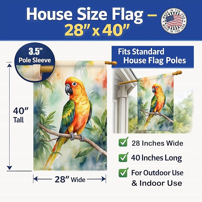 Caroline's Treasures Sun Conure House Flag Large Porch Sleeve Pole Decorative Outside Yard Banner Artwork Wall Hanging, Polyester, House Size, Multicolor