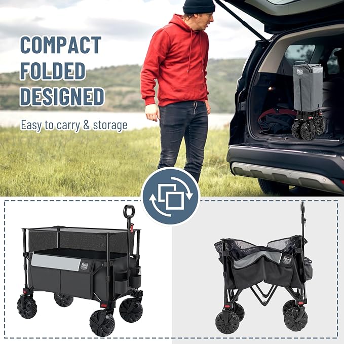 Timber Ridge Foldable Wagon 350L Extendable Height, Large Capasity Collapsible Wagon Cart with All Terrians Detachable Wheels, Compact Folding Utility Wagon for Camping, Fishing, Shopping Grey