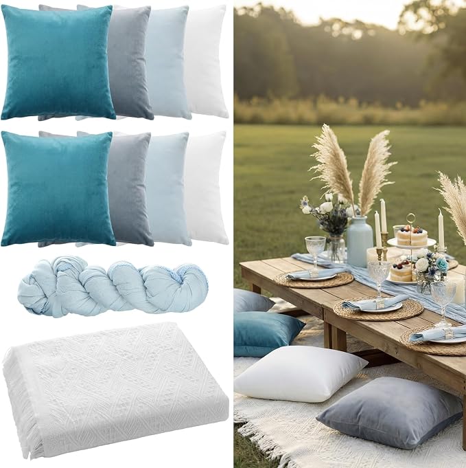Moukeren 10 Pcs 71''x102'' Extra Large White Outdoor Boho Picnic Blanket with Table Runner and 8 Throw Pillow Covers Oversized Washable Portable Beach Blanket for Picnic Camp Lawn Wedding