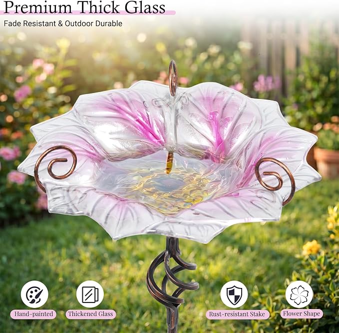 VCUTEKA Glass Bird Bath Outdoor BirdBath Bird Feeder with Metal Stake Garden Decor, Pink