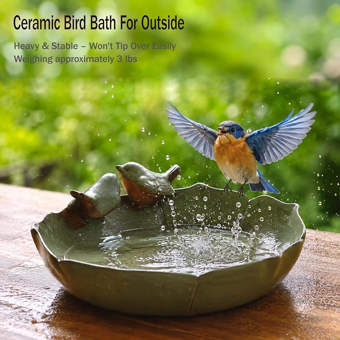Ceramic Bird Bath Bowl for Outside on Ground, 9.45-Inch BirdBath Bowl Only, Ground Bird Feeders and birdbath for Outdoors, Garden, Tabletop, Deck, Balcony and Lawn